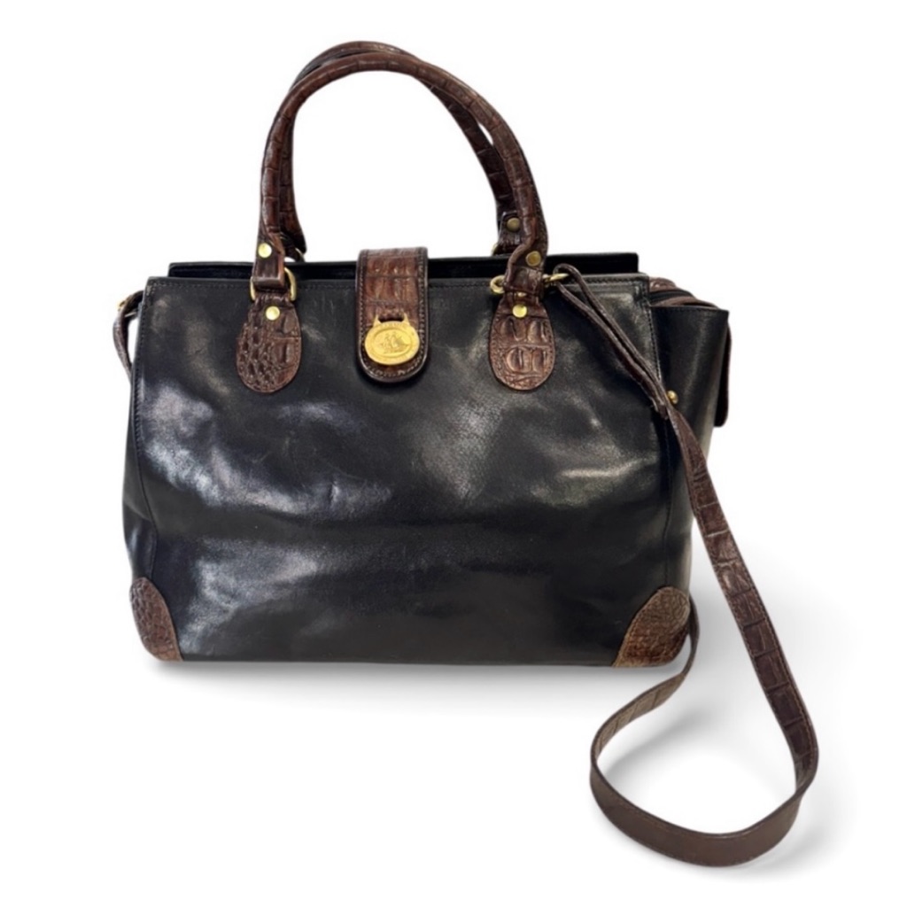 Vintage Brahmin Designer Black Leather Brown Croc Structured Bag